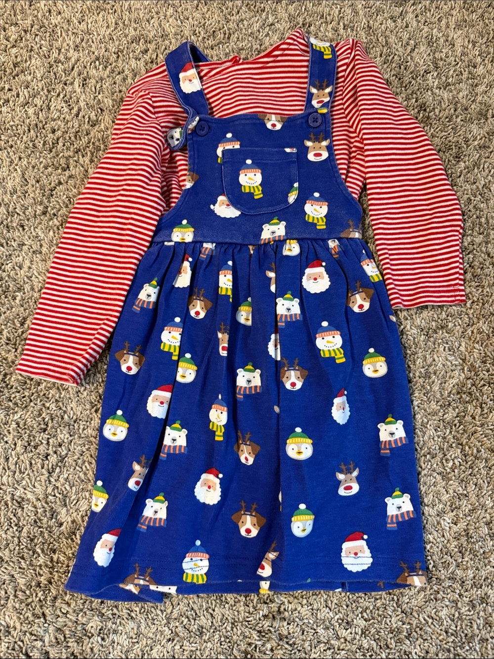 JoJo Maman Bebe Blue Holiday Pinafore Overalls with Red Striped Top